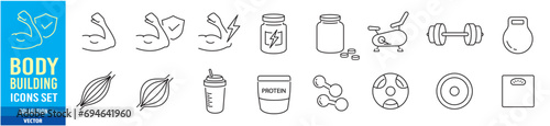 Protein, Gym, Bodybuilding, Fitness, Health, Muscle editable stroke icons set collection vector