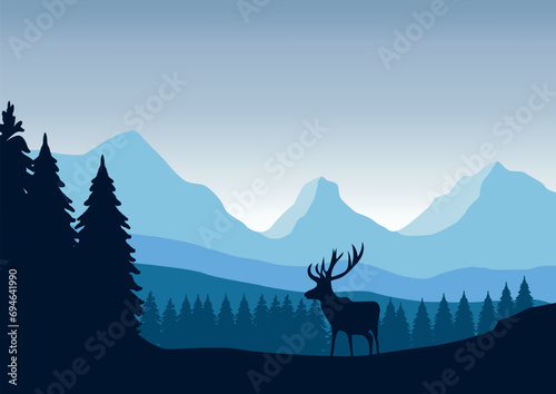 mountains and forests with deer, vector illustration for background design. © Fajarhidayah11