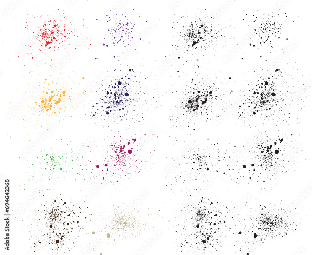 Dirty drawing acrylic splatter vector collection. Realistic paint splatter abstract background. Black red orange green yellow blue purple pink wheat color grunge texture set