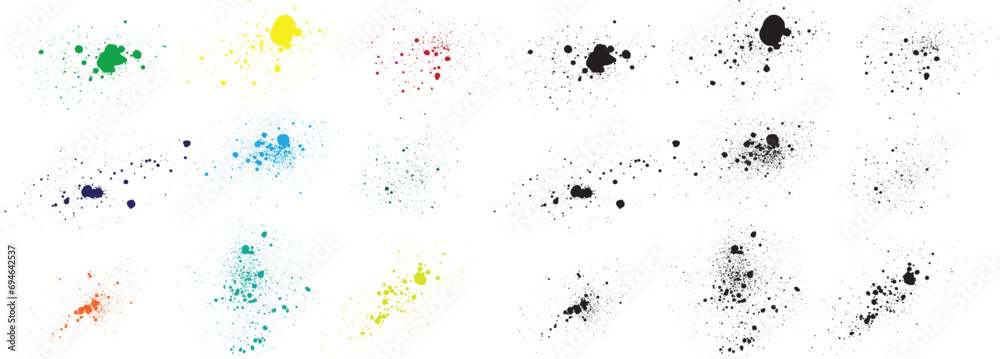 Fototapeta premium Collection of messy paint brush stroke background. Set of isolated textured paint brush stroke splatter. Black red orange green yellow blue purple pink wheat color grunge texture collection