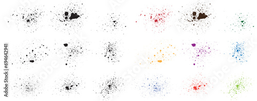Drawing vector grungy splatter brushstroke background set. Isolated hand drawing grunge background set. Black red orange green yellow blue purple pink wheat color grunge texture collection