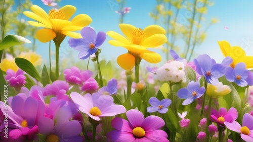 spring vibrant nature with flowers and insect photo realistic wallpaper © Young