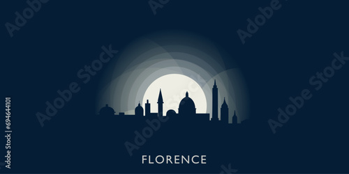 Florence cityscape skyline city panorama vector flat modern banner illustration. Italy, Tuscany region town emblem idea with landmarks and building silhouettes at sunrise sunset night