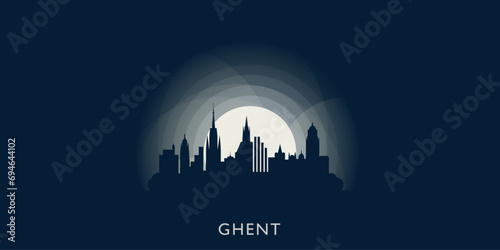 Ghent cityscape skyline city panorama vector flat modern banner illustration. Belgium region town emblem idea with landmarks and building silhouettes at sunrise sunset night