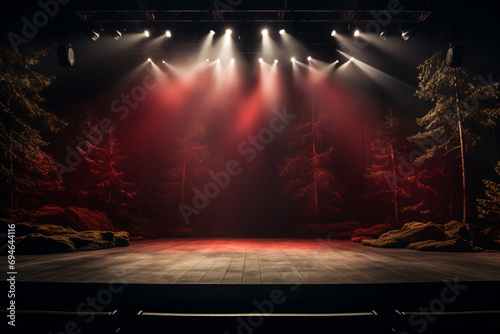 Theater stage light background with spotlight illuminated the stage for opera performance. Empty stage with warm ambiance colors, fog, smoke, backdrop decoration. Entertainment show. photo