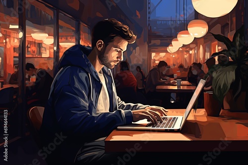 man working on laptop in cafe photo