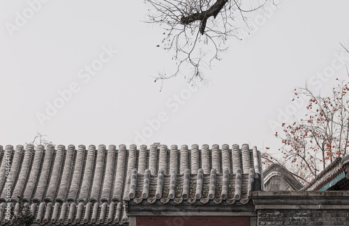 Rooftop of Chinese traditional building against sky with bare tree. Beijing  China