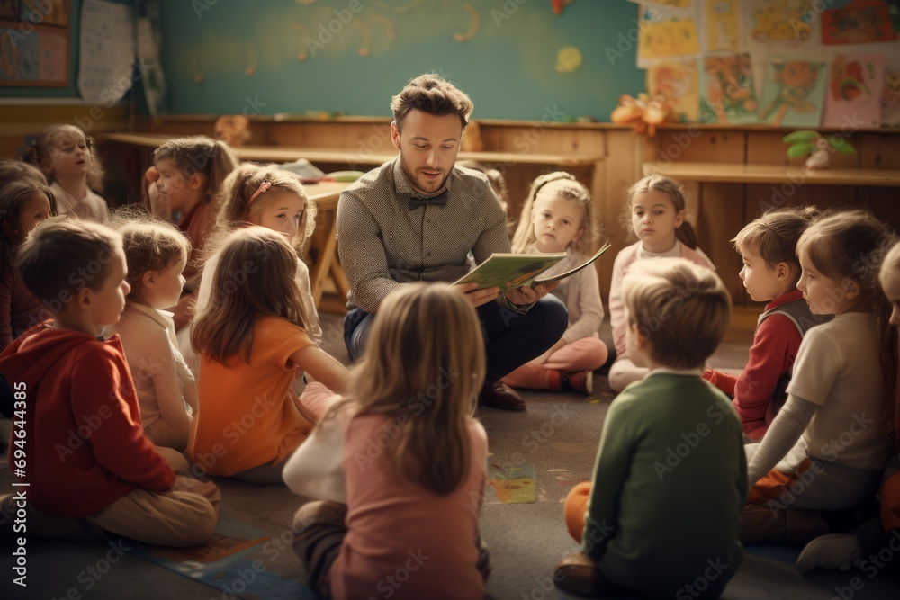 A teacher is telling a story to a group of kids / children in a classroom  - obrazy, fototapety, plakaty 