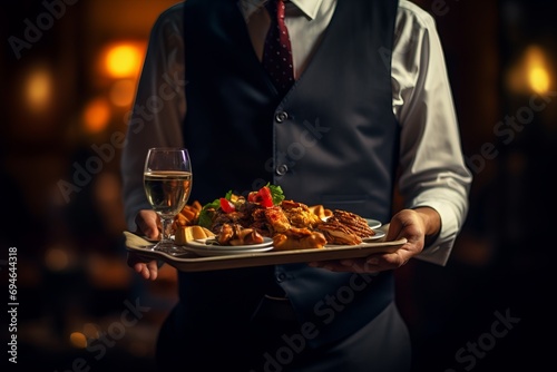 Waiter carrying a tray of food with a glass of white wine 