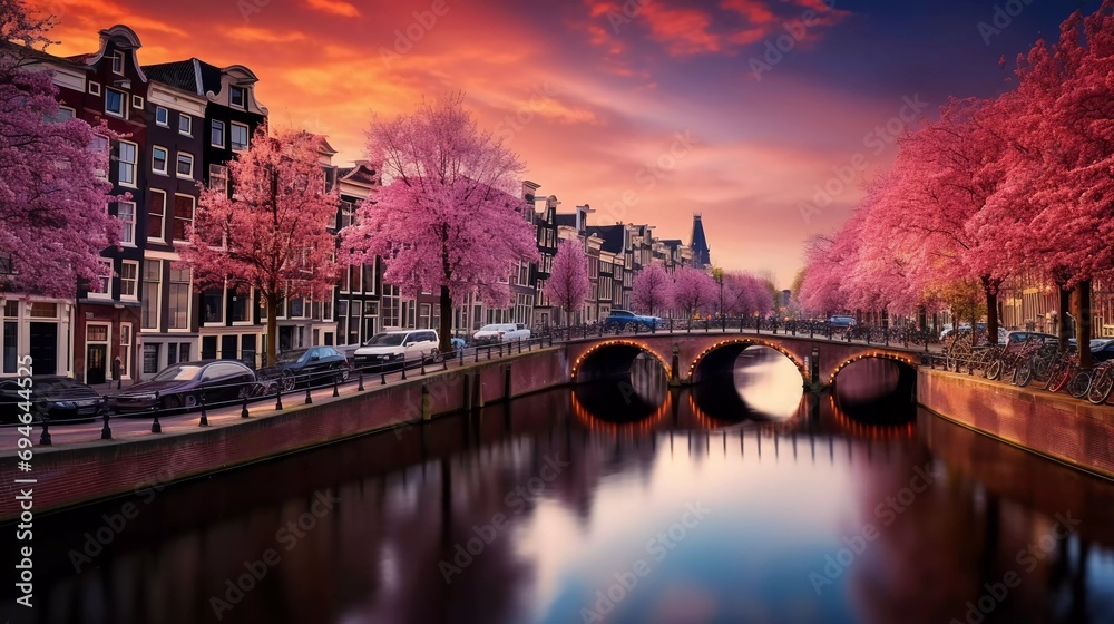 
photo reality Colorful spring sunset on Amsterdam canals. Original Dutch architecture in the capital, a very impressive view