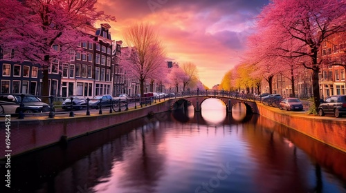  photo reality Colorful spring sunset on Amsterdam canals. Original Dutch architecture in the capital, a very impressive view © risa