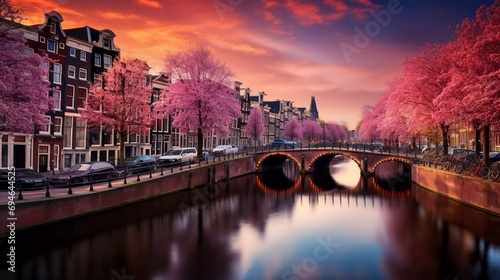  photo reality Colorful spring sunset on Amsterdam canals. Original Dutch architecture in the capital, a very impressive view