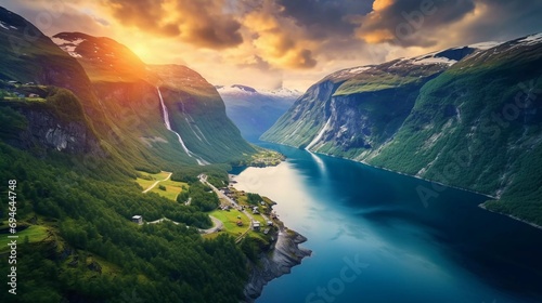 reality photo Beautiful summer sunset in the fjord canyon Sunnylvsfjorden, location of the village of Geiranger, western Norway, a very stunning view photo