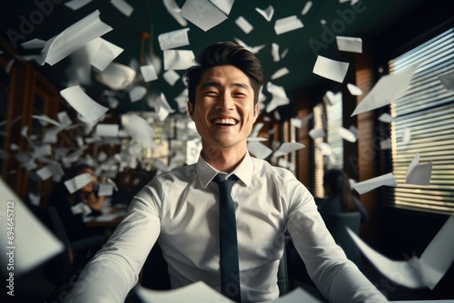A lot of white paper fell from the air and a handsome young Asian boss, Smiling. Generative AI.