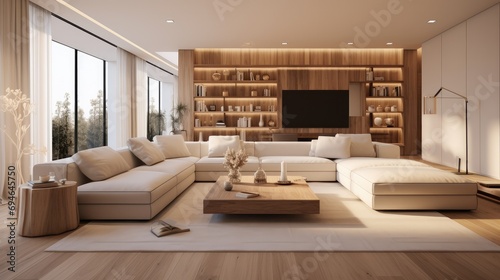 An open-plan spacious living room in a minimalist style. Generative AI.