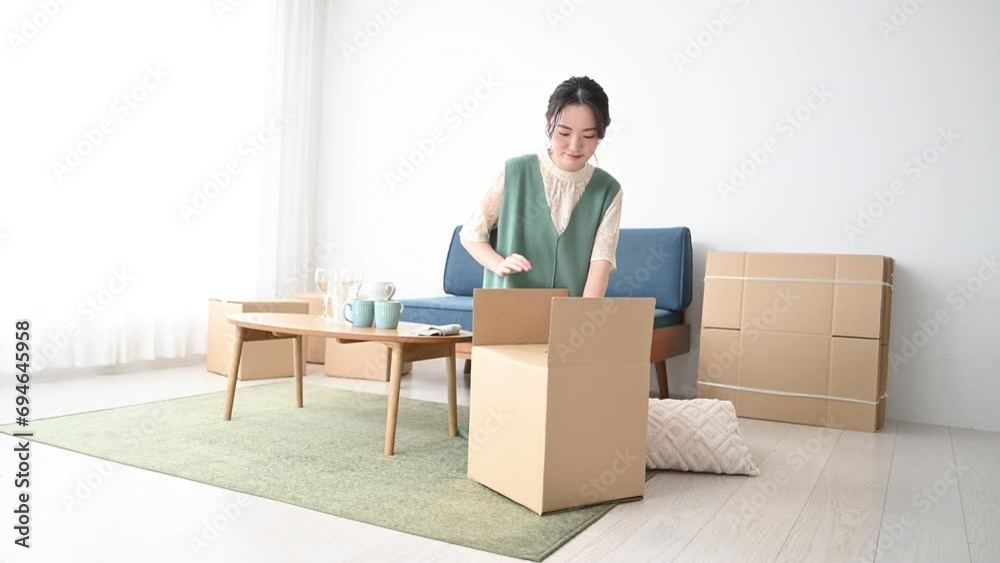 A smiling young woman packing cardboard boxes in preparation for a move. A smiling young woman packing cardboard boxes in preparation for a move.