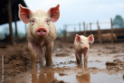 Shot of sow and piglet in a muddy farm. Generative AI. photo