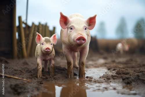 Shot of sow and piglet in a muddy farm. Generative AI. © visoot