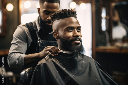 Black man getting haircut at barber shop. Generative AI.