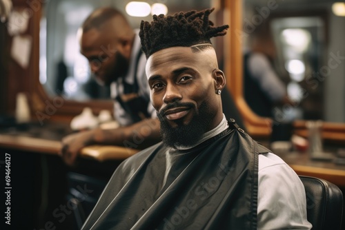 Black man getting haircut at barber shop. Generative AI.