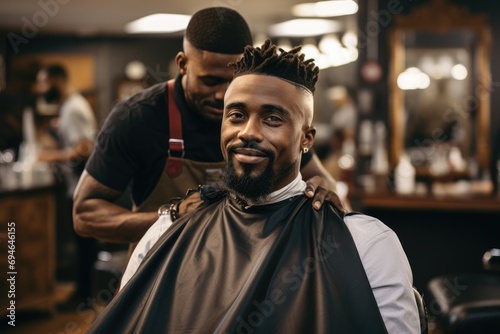 Black man getting haircut at barber shop. Generative AI.