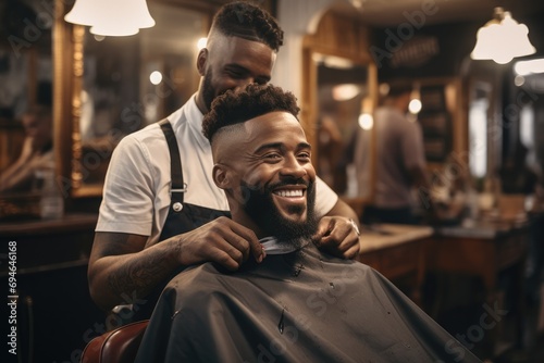 Black man getting haircut at barber shop. Generative AI. photo