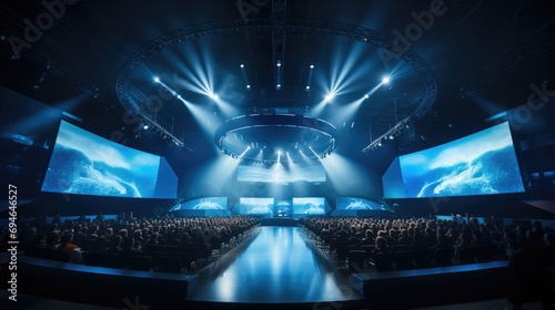 Stage for conference site with wide screen, Audience, Lighting, Stage, Business concept. photo