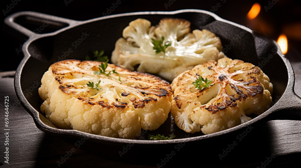 cauliflower steaks with herb and spice on baking tray. plant based meat substitute. Generative AI