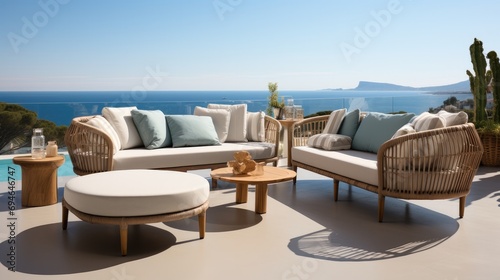 Outdoor furniture with outdoor sofa, Sea view. Generative AI. © visoot
