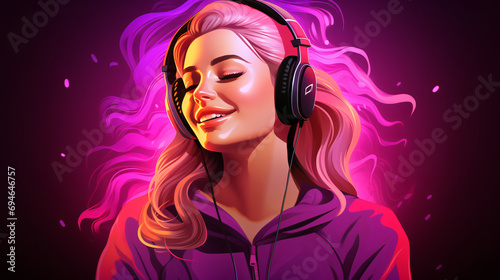 Teenager with headphones, placid and relaxed face enjoying music. Colorful vector style illustration.