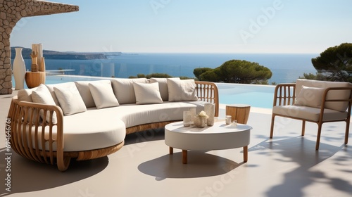 Outdoor furniture with outdoor sofa, Sea view. Generative AI. © visoot