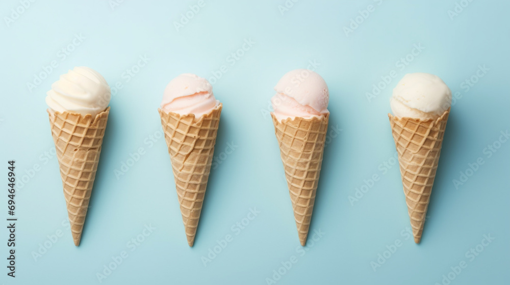 Set of various ice cream scoops in waffle cones isolated on cyan background. Generative AI Set of various ice cream scoops in waffle cones isolated on cyan background. Generative AI