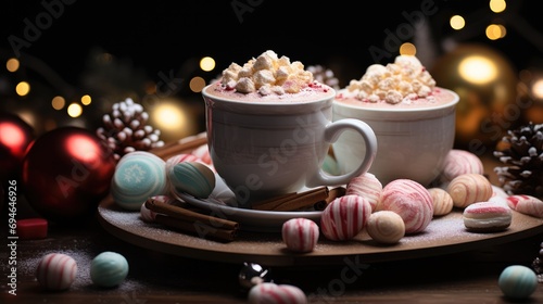One small cups of coffee lie on top of a pile of candies decorated with Christmas motifs such. Generative AI.