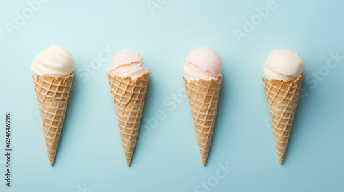 Set of various ice cream scoops in waffle cones isolated on cyan background. Generative AI