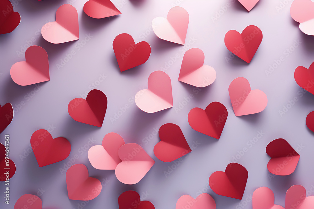 Pink and red paper hearts on top of a light purple lilac background, valentine's day wallpaper or background image