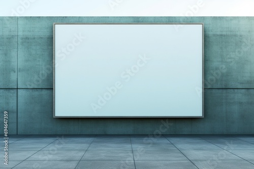A minimalist platinum billboard against a muted teal background  offering a sophisticated canvas for custom labels.