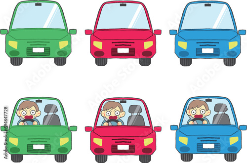 車と車を運転するびっくりした人　イラスト　まとめ　セット