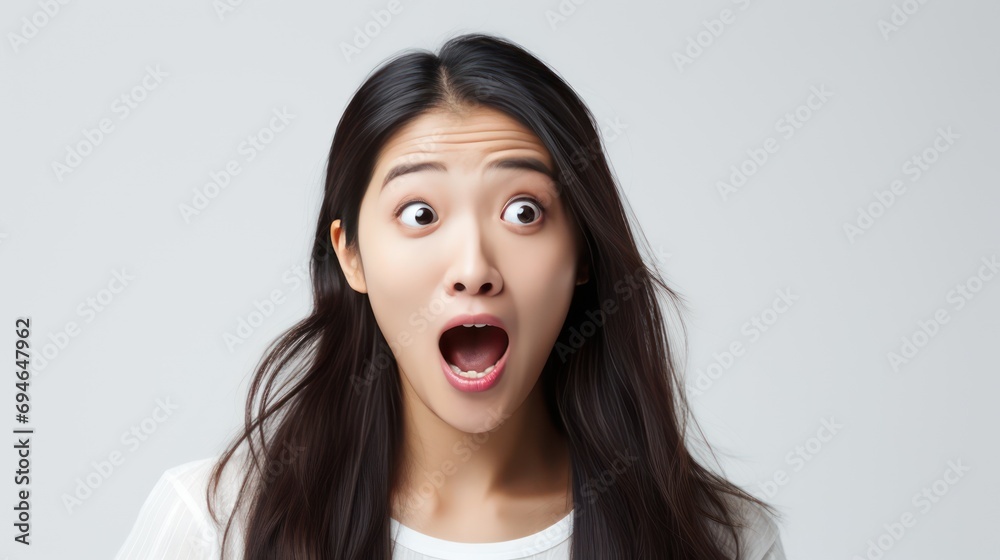 Young Asian woman with a wowed and surprised look wearing a white t-shirt with her hand pointing on a blank space on a white transparent background, isolated. Young Asian woman with a wowed and surprised look wearing a white t-shirt with her hand pointing on a blank space on a white transparent background, isolated.