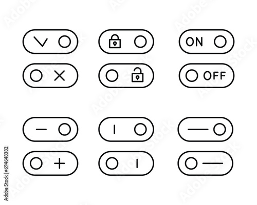 Turn on and turn off icon . User interface mobile swith bar. Operating toggle panel line icons set, editable stroke isolated on white, linear vector outline illustration, symbol logo design style photo