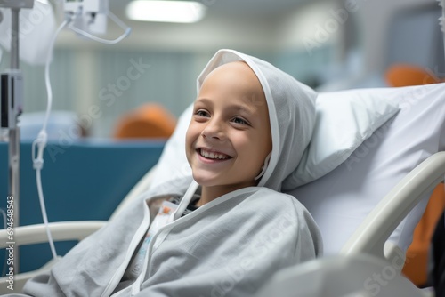 A bald young boy smiling in a cancer hospital bed. Generative AI.