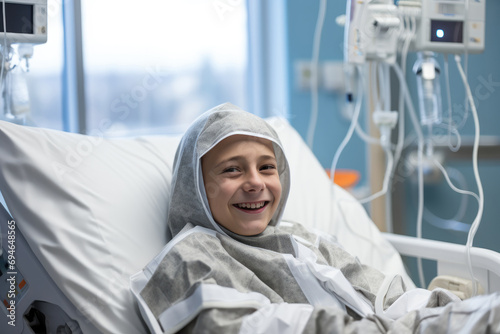A bald young boy smiling in a cancer hospital bed. Generative AI.