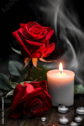 Generative AI : A burning candle and a red rose on a black background.