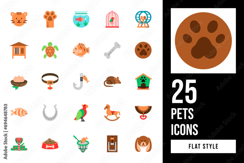Set of Pets Flat Icon Design Vector. paw, collar, horse, wheel, dog, mouse, goldfish, turtle, bone, parrot, clown, saddle, cat, snake, fish, horseshoe, hamster, hook, trap, birdcage, nest, house. Set of Pets Flat Icon Design Vector. paw, collar, horse, wheel, dog, mouse, goldfish, turtle, bone, parrot, clown, saddle, cat, snake, fish, horseshoe, hamster, hook, trap, birdcage, nest, house.