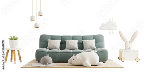 Children's room with green sofa soft toys on transparent background.3d rendering