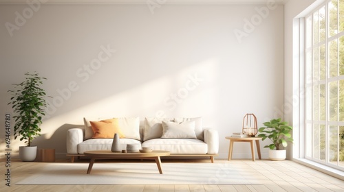 A Minimalist interior design of a modern living room, sofa and stump pillows, in a room with morning sunlight streaming through the window. photo