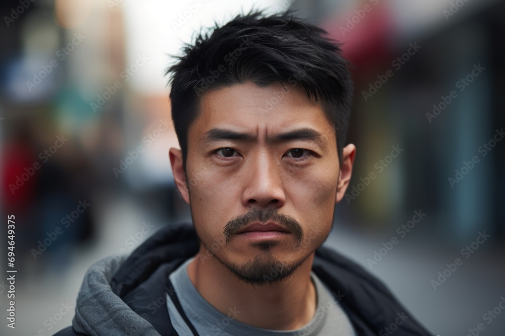 Asian man serious face on city street