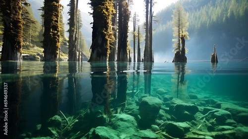 Generative AI : A split-shot photograph of kaindy lake, the trees continue underwater photo