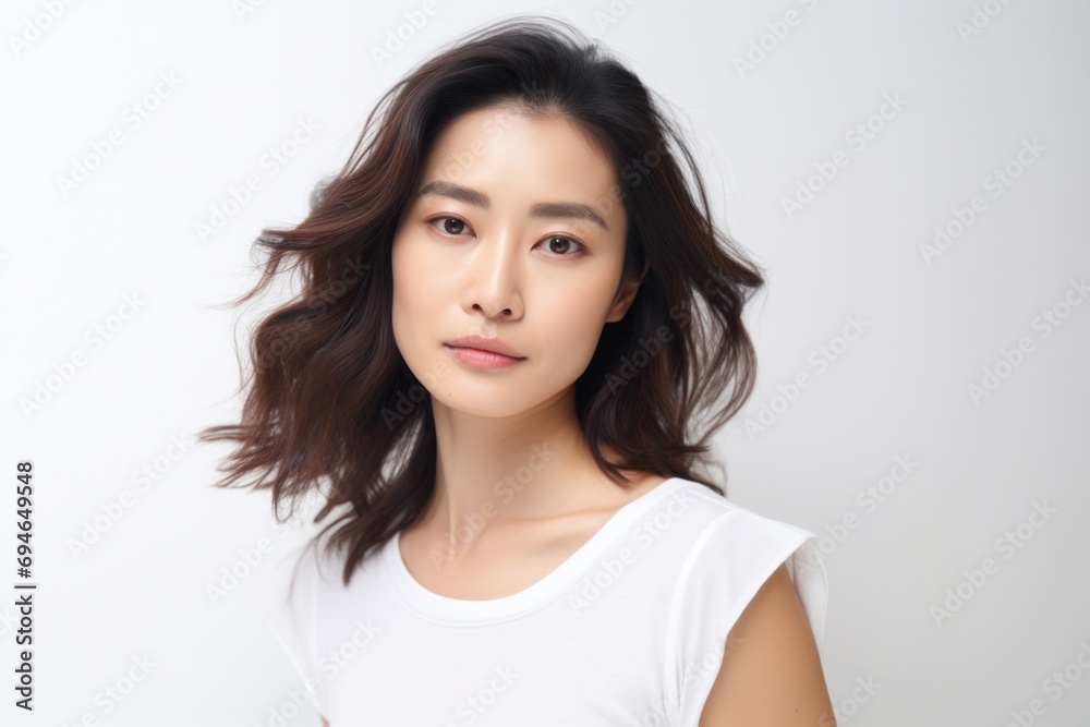 Young Asian woman serious face portrait white background Young Asian woman serious face portrait white background