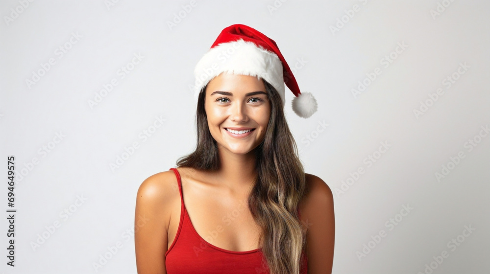 Isolated portrait of a cheerful young woman wearing a santa hat on a white background Isolated portrait of a cheerful young woman wearing a santa hat on a white background
