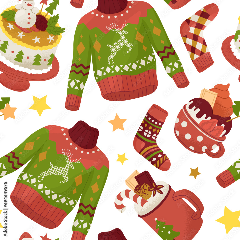 Seamless pattern for wrapping paper. Attributes of Christmas and New Year. Creating comfort in the home. Sweater, pie, socks and a sweet drink. Vector illustration.